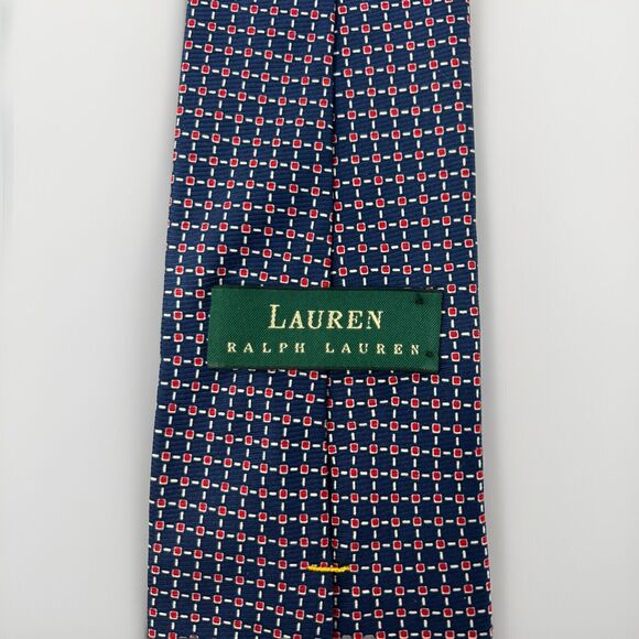 Lauren Ralph Lauren Navy Blue Red‎ Geometric Square 100% Silk Mens Neck Tie 57" - Picture 4 of 6